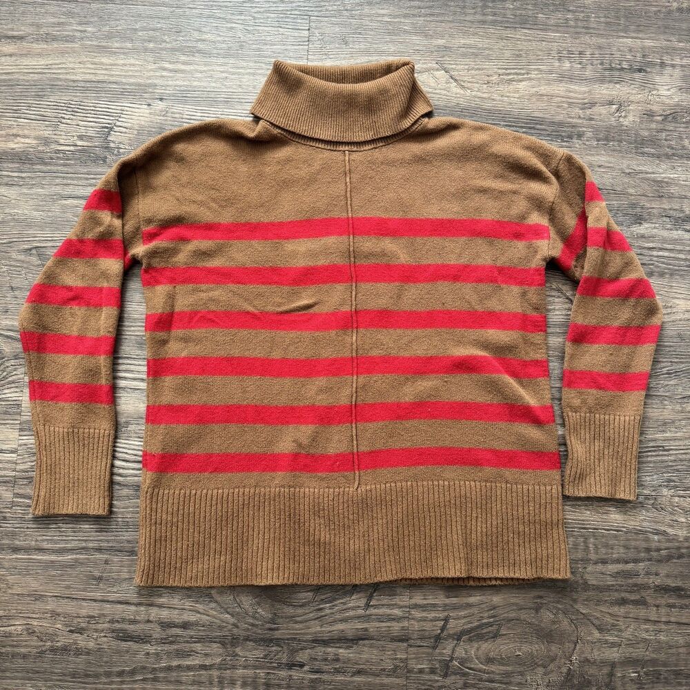 Banana Republic Factory Womens M Camel Red Striped Turtleneck Sweater Wool Blend
